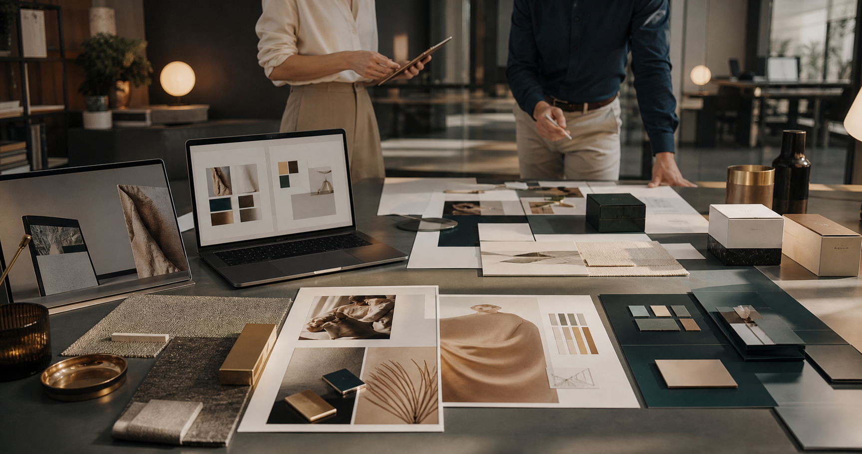 Premium design studio workspace with brand materials and creative planning assets.